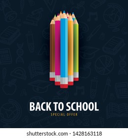 Back to School banner with colour pencils and hand draw doodle backgrounds. Vector illustration