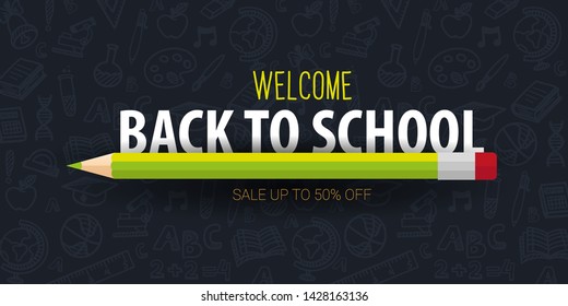 Back to School banner with colour pencils and hand drawn doodle backgrounds. Vector illustration