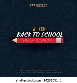 Back to School banner with colour pencils and hand drawn doodle backgrounds. Vector illustration