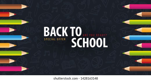 Back to School banner with colour pencils and hand drawn doodle backgrounds. Vector illustration