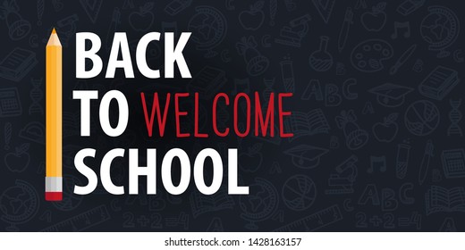 Back to School banner with colour pencils and hand drawn doodle backgrounds. Vector illustration