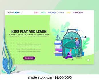 Back to school - banner concept, big school backpack and next to tiny people, characters are flat style.