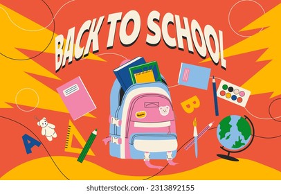 De vuelta al concepto de pancarta escolar. Maletín con libros y globo. Educación y formación, aprendizaje. 1 de septiembre y feriado internacional, día del conocimiento. Dibujo vectorial plano de dibujos animados