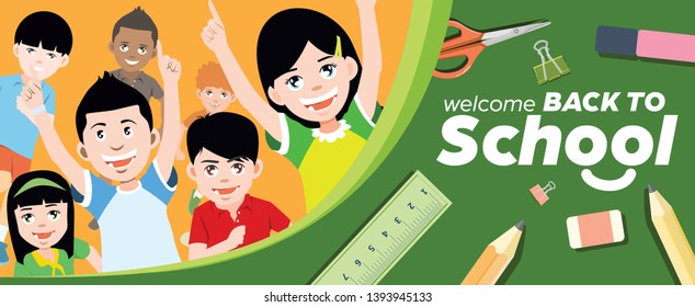 Back School Banner Concept With Childern Happy Running Vector Illustration