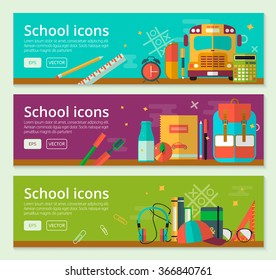 Back To School banner concept design. Vector horizontal banners of education with school items. Advertising for web and promotional materials. Education icons set in flat style. 