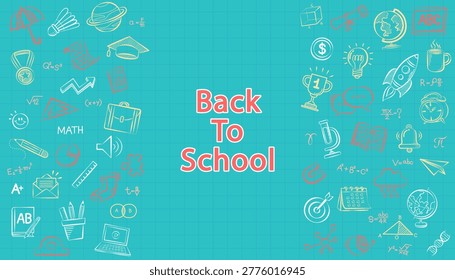 Back to school banner concept featuring colorful education doodles and school icons on a blue grid background, perfect for academic marketing campaigns or learning development projects.