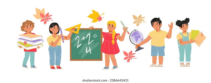 Back to school banner concept idea with kids students characters, flat vector illustration on white background. Education for children and learning at school.
