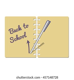 Back to school banner concept. Idea of typography welcome poster with element of border frame. Announcement to start study. Diary, pencil isolated. Invitation to school background. Vector illustration