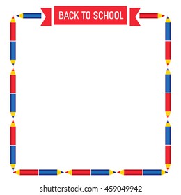 Back to school banner concept. Idea for welcome poster with element of border. Frame from blue and red pens. Red ribbon. Place for text. Background for announcement to start study. Vector illustration