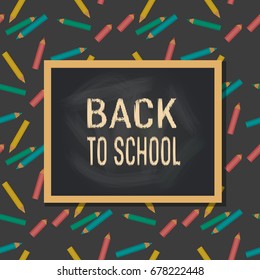 Back to school banner concept. Idea for typography welcome poster with border. Frame with pens. Cute colorful fancy letters. Headline announcement to study. Invitation background. Vector illustration