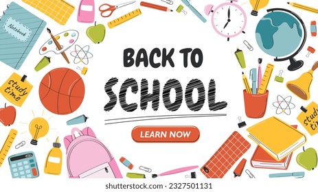 Back to school banner concept. International holiday and festival. Knowledge and information. School supplies and stationery. Textbooks, pencils and globe. Cartoon flat vector illustration