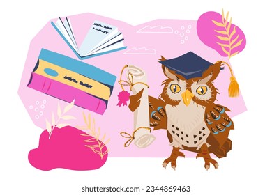 De vuelta al concepto de pancarta escolar con búho para educación escolar y en línea, diseño de cronogramas de diplomas y lecciones, ilustración plana vectorial aislada en fondo blanco.