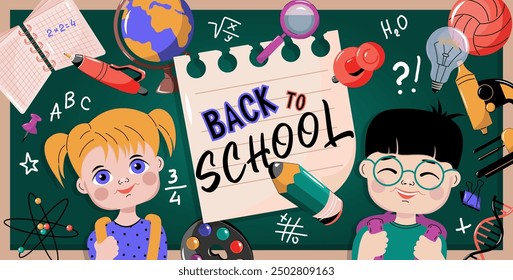 Back to school banner. Concept of primary and secondary education. Children with backpacks on the background of the school board.