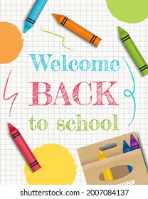 Back to school banner with crayons on copybook paper. Vector isolated illustration