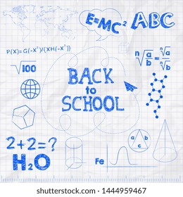 Back to school banner. Crumpled white sheet of notebook with blue pen drawings. Vector illustration.