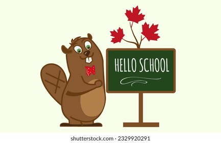 Back to school banner with cute beaver mascot character. Pencil with maple leaves. Banner vector template.Hello School.