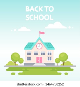 Back to school banner, cute school building, education concept. Vector illustration.
