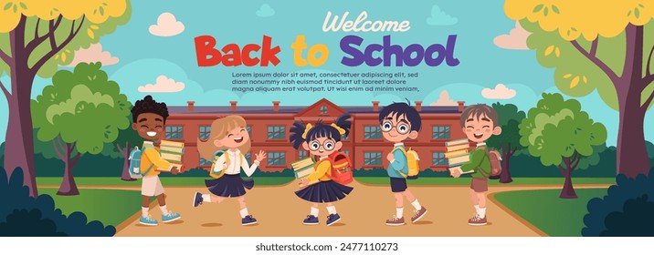 Back to school banner with cute children, school building and trees. Hand drawn flat design template for poster, wallpaper, website. Cartoon vector illustration