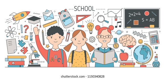 Back to school banner with cute happy children or pupil surrounded by textbooks, stationery, science, study and education symbols. Bright colored vector illustration in modern line art style.