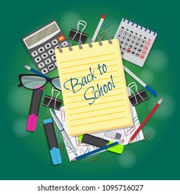 Back to school banner. Deisgn template to school begining offer. Collection of stationery such as calculator, pencils, markers on green background. Vector illustration.