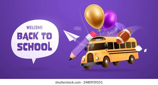 Diseño de Anuncio de regreso a la escuela en estilo 3d. Ilustración vectorial con bus escolar amarillo, globos y material educativo. Ideal para tarjeta de felicitación, invitación, cartel, etc.