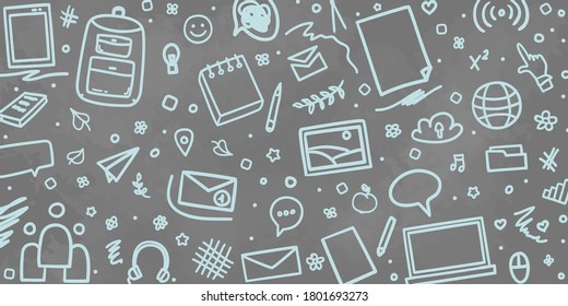 Back to school. Banner design. Background with hand drawn school supplies