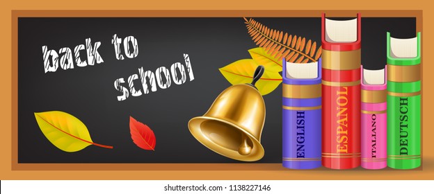 Back to school banner design with bell, textbooks, autumn leaves and chalkboard. Text can be used for signs, brochures, posters