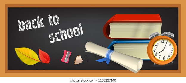 Back to school banner design with books, scroll with blue ribbon, alarm clock and chalkboard. Text can be used for signs, brochures, posters