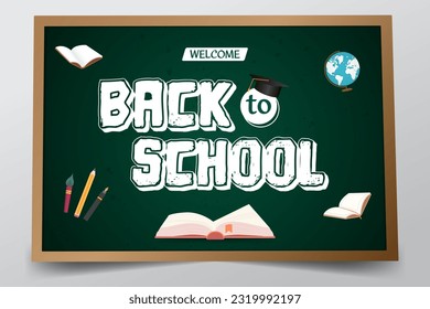 Back to School banner design with books hat globe and stationery illustration