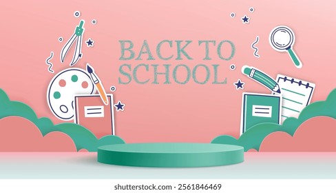 Back to school banner design with circular podium and education sticker elements - paint palette, compass, notebook pages, magnifying glass on pink background. Decorative paper cut clouds behind stage