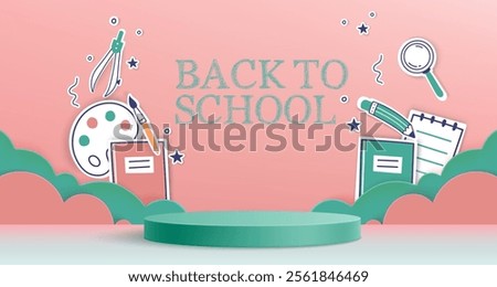 Back to school banner design with circular podium and education sticker elements - paint palette, compass, notebook pages, magnifying glass on pink background. Decorative paper cut clouds behind stage