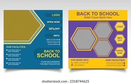 Back to school banner design. School or college admission online post or leaflet template. 