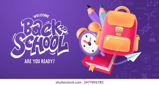 Back to School banner design with creative typography and group of education items - backpack, alarm clock, book, colored pencils isolated on purple background. 3d style. Vector illustration.