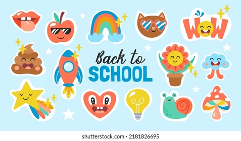 Back to school banner design with cute creative stickers. Childish print for planner, cards and journal decoration. Vector Illustration