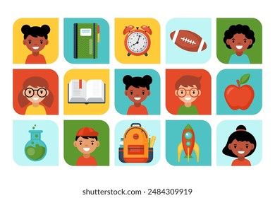 Back to school banner design with  cute kids students and school supplies. Modern icon set. Vector illustration