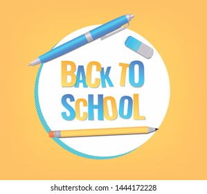 Back to school banner design with education supplies and Paper cut letters. Banner, poster or advertisement template. Vector illustration