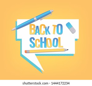 Back to school banner design with education supplies and Paper cut letters. Banner, poster or advertisement template. Vector illustration