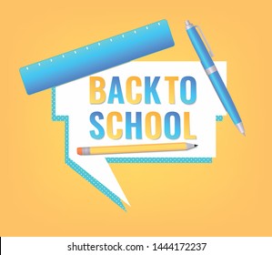 Back to school banner design with education supplies and Paper cut letters. Banner, poster or advertisement template. Vector illustration