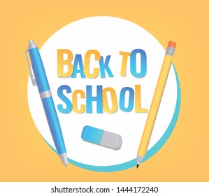 Back to school banner design with education supplies and Paper cut letters. Banner, poster or advertisement template. Vector illustration