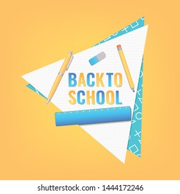 Back to school banner design with education supplies and Paper cut letters. Banner, poster or advertisement template. Vector illustration