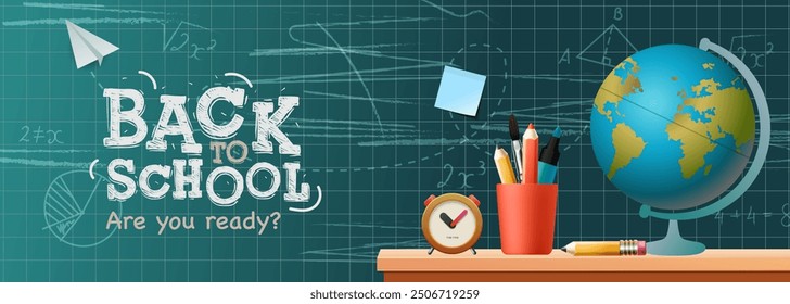 Back to school banner design with globe and pencils holder. Back to school greeting text with educational elements for green board grid background. Vector illustration school greeting design