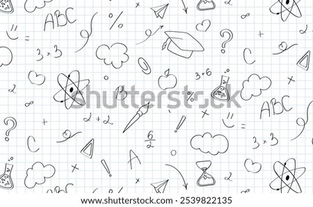 Back to school banner design with hand drawn school accessorises seamless pattern