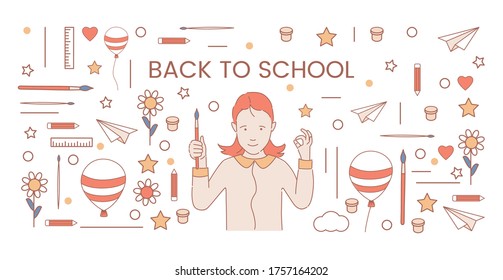 Back to school banner design. Happy smiling girl surrounded by art symbols and holding paintbrush vector cartoon illustration. Drawing school, art lessons, creativity for children poster concept.