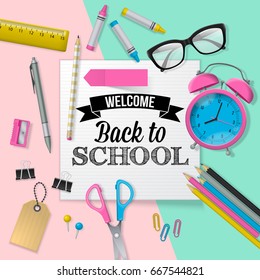 Back to school banner design with lettering, school supplies and paper note. Flat lay style