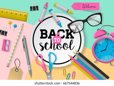 Back to school banner design with lettering, school supplies and paper note. Flat lay style