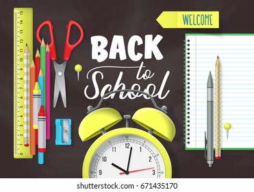 Back to school banner design with lettering, school supplies and chalkboard background. Flat lay style