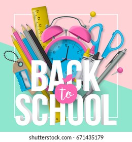 Back to school banner design with lettering and school supplies. Flat lay style