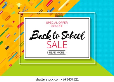 Back to school banner design with lettering, school supplies and paper note. Flat lay style