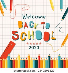 Back to school banner design. Modern illustration of colorful crayon pencils frame and text. Student, pupil. Trendy vector illustration for card, web banner design.