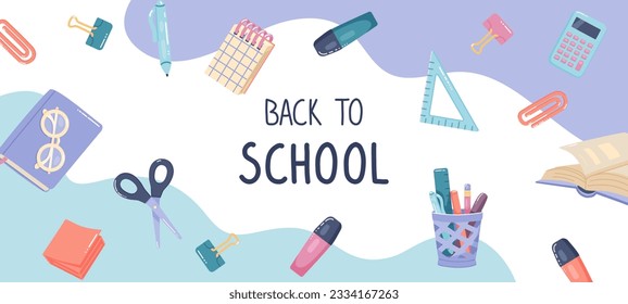 Back to school banner design. Office supplies and text Back to school. Flat graphic vector illustrations on blue background